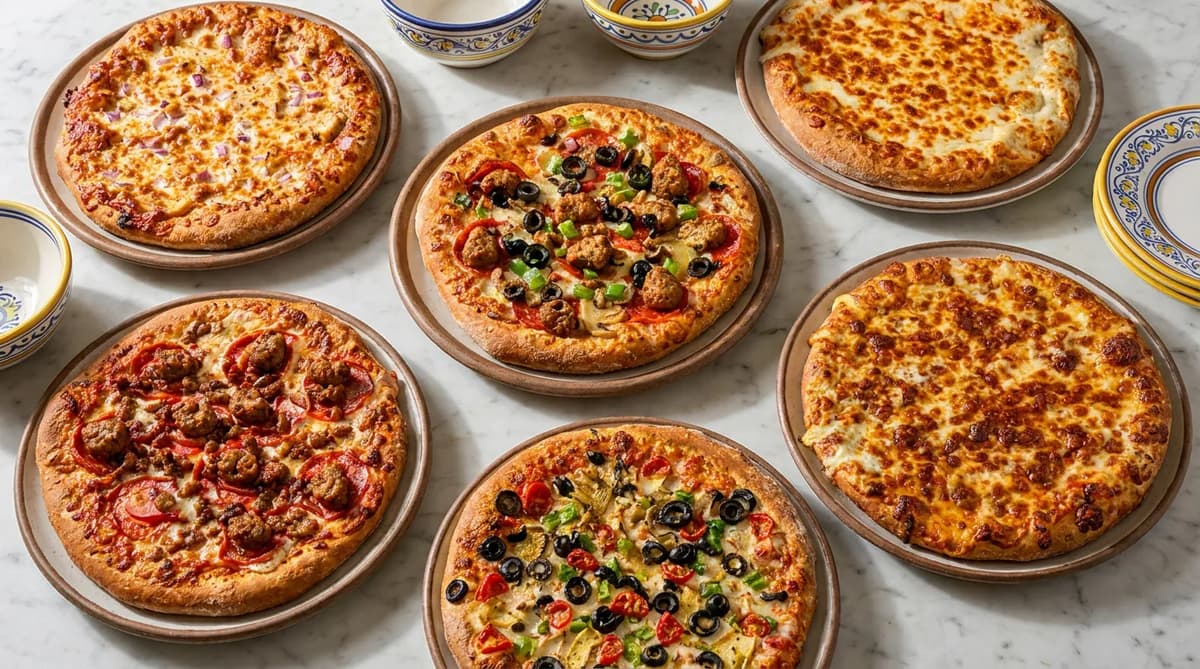 A table of fresh pizzas at Pizza Paisan